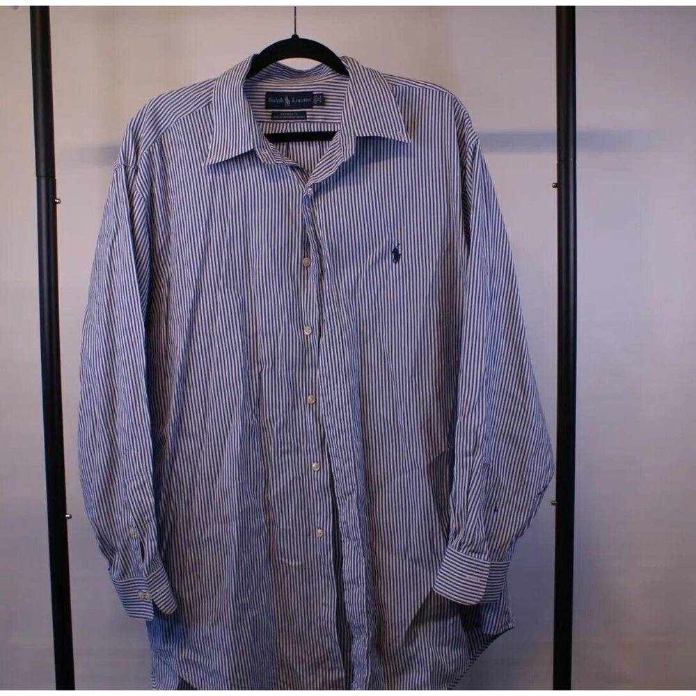 Ralph Lauren Dress Shirt Men's (17)/32-33 Blue Striped Cotton Collared Button-Up